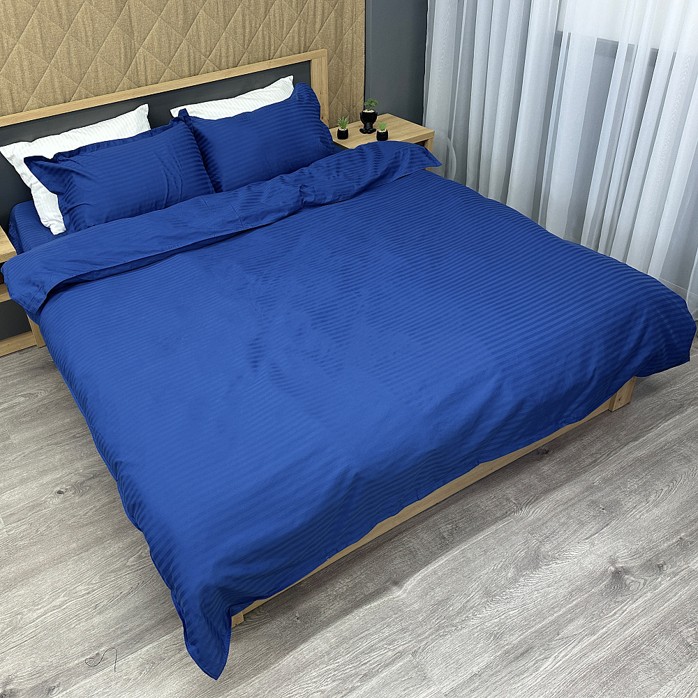 Комплект постельного белья Страйп-сатин Евро 200х230 с простыней на резинке Синий (88-091) Киев - изображение 2