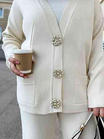 Женский базовый прогулочный костюм: кофта и штаны мелкая машинная вязка Молочный Одесса