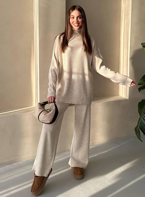 Женский теплый базовый костюм двойка мелкая машинная вязка Молочный Одесса - изображение 4