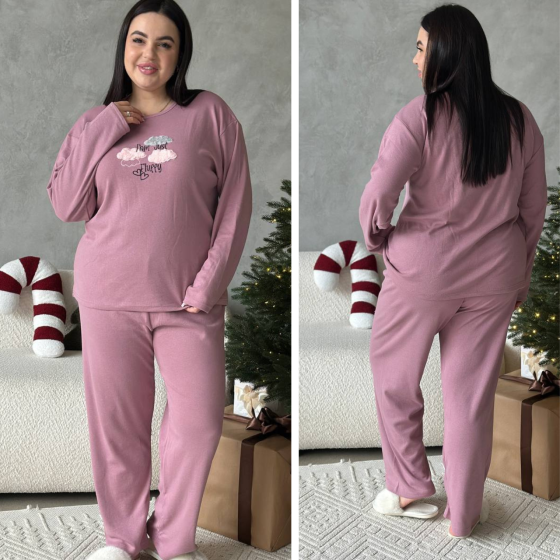 Піжама жіноча великого розміру штани та лонгслів батал PLUS SIZE з вишивкою для дому та сну з довгими рукавами рожева 4XL Одеса