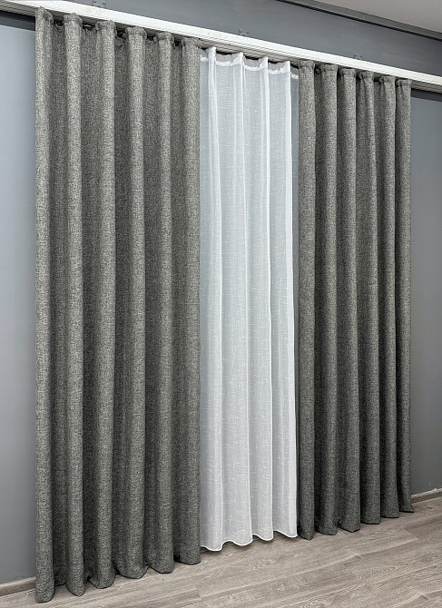 Комплект штор VR-Textil Лен Мешковина 200х270 2шт и Тюль 600х270 108ш-115т Серый с белым 71-024/7 Киев - изображение 3