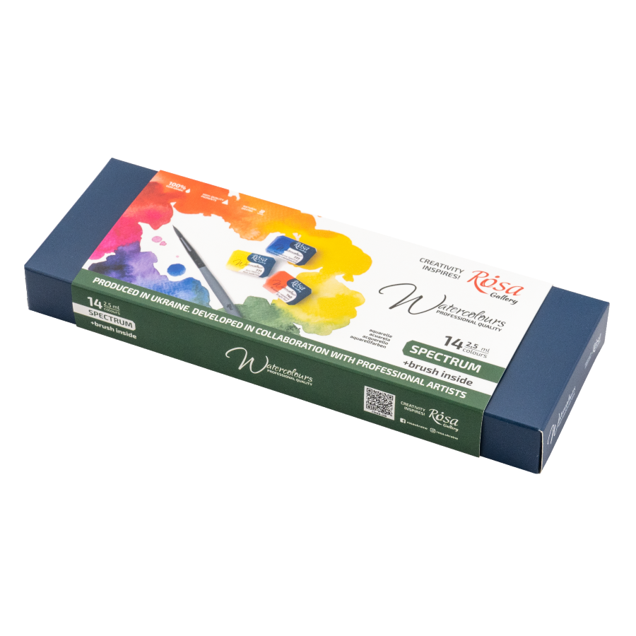 Набір акварельних фарб з пензлем SPECTRUM 14×2,5мл кювета Індіго металевий пенал ROSA Gallery Київ - фото 1