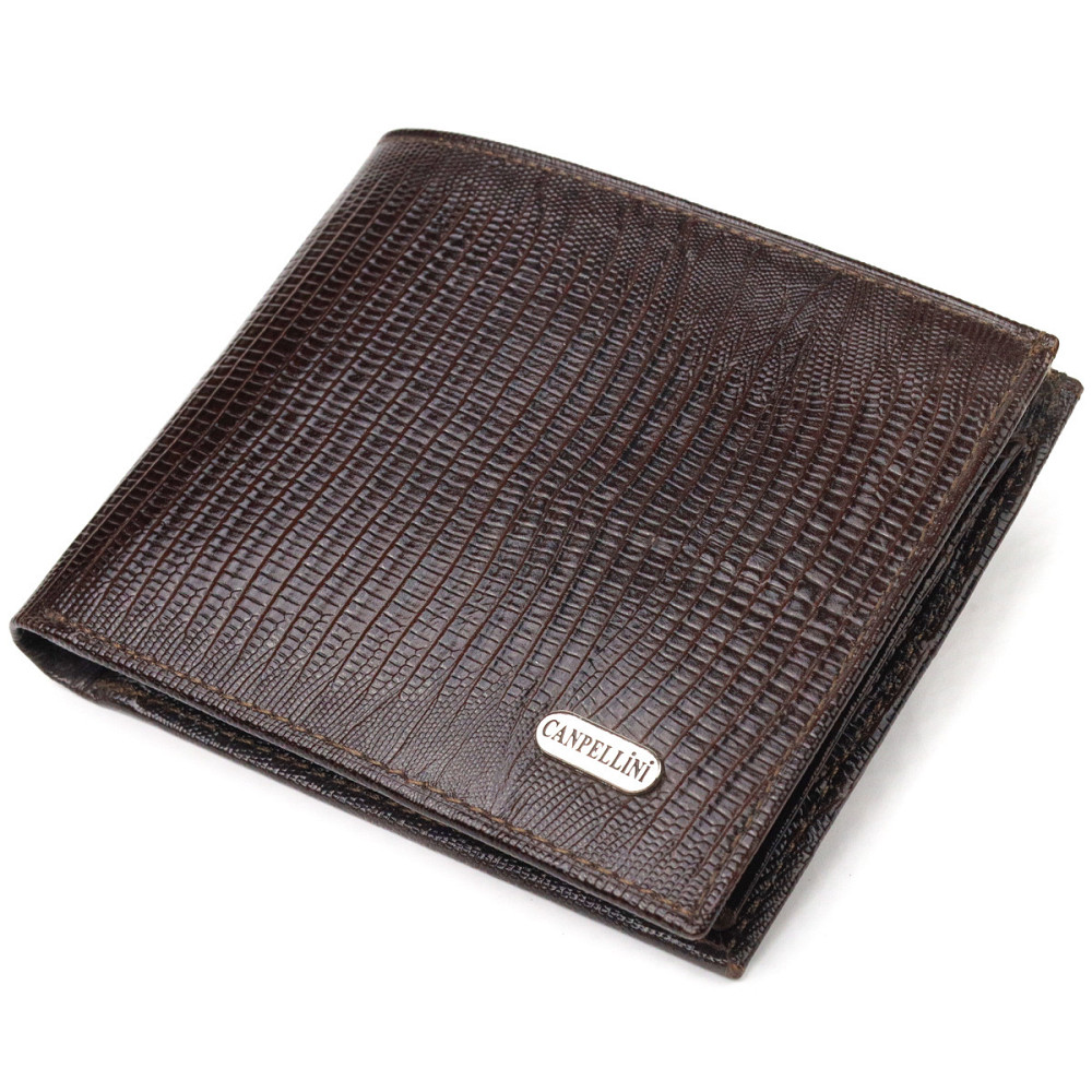 Лакированный кошелек для мужчин в два сложения из натуральной фактурной кожи Коричневый (CANPELLINI) Киев - изображение 5