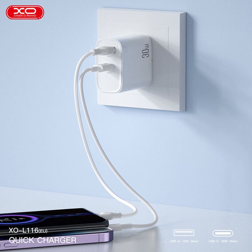 Мережевий зарядний пристрій XO L116 PD30W/QC18W1USB-C+1USB-A білий Львів - фото 4