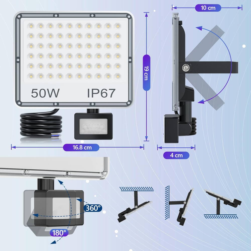 Світлодіодний прожектор YIQIBRO 50W 5000LM 6500K з датчиком руху вуличний водонепроникний IP67 LED світильник чорний Київ - фото 7