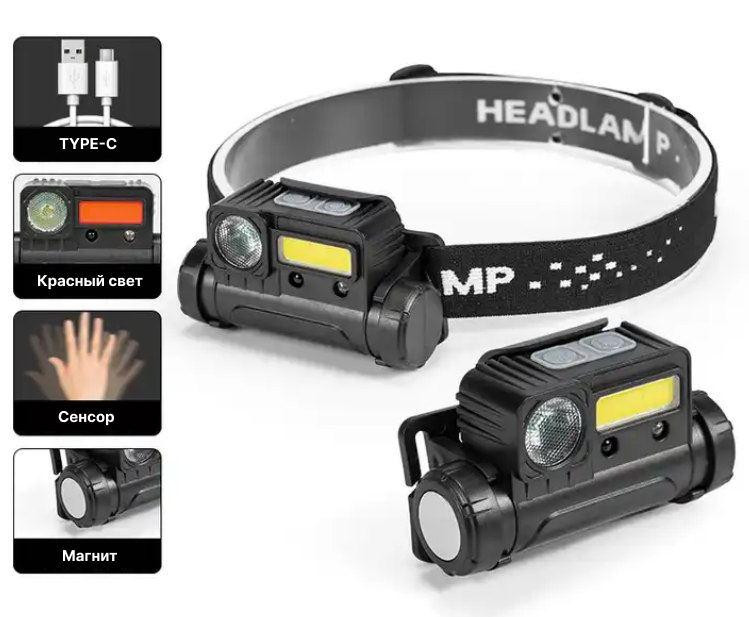 Налобний ліхтар Bailong BL-123, XPE+COB, білий, червоний, Type-C, 8137 Дніпро - фото 2