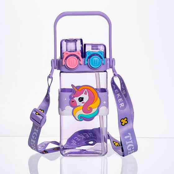 Yiwu Пляшка для води дитяча з трубочкою 550 мл з ручкою та ремінцем 19 см Фіолетовий HP-18-3V Коломия