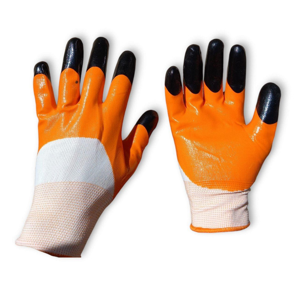 Робочі рукавички з жовтогарячо-чорним нітриловим покриттям для захисту рук у будівництві та господарстві Харків - фото 4