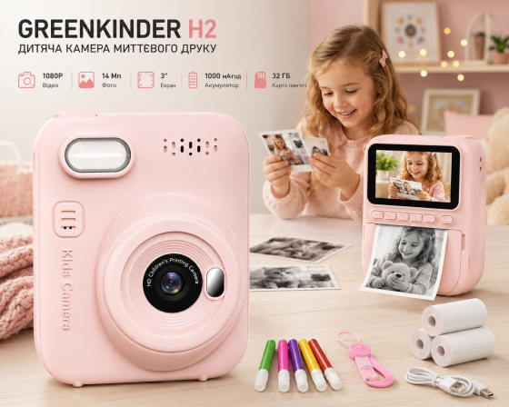 Уценка! Детская камера GREENKINDER H2 мгновенной печати 3