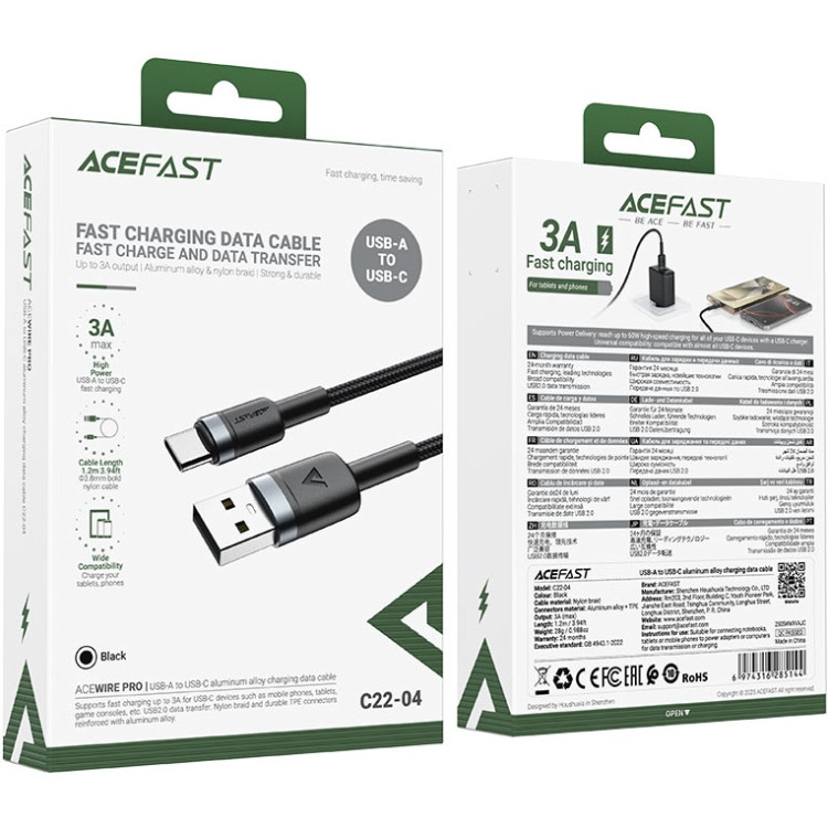 Кабель USB 2.0 AM-Type-C M, 1.2 м, 60W aluminum alloy Black, C22-04 Acefast Вінниця - фото 4