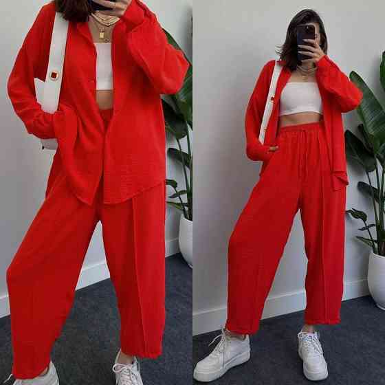 Жіночий легкий брючний костюм-двійка: сорочка та штани американський креп Червоний, 42/44 Одеса