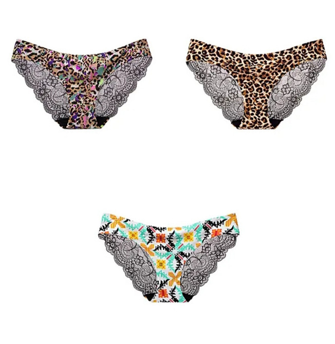 Трусики бесшовные женские с кружевом 3 штуки 42 леопардовый Киев - изображение 1