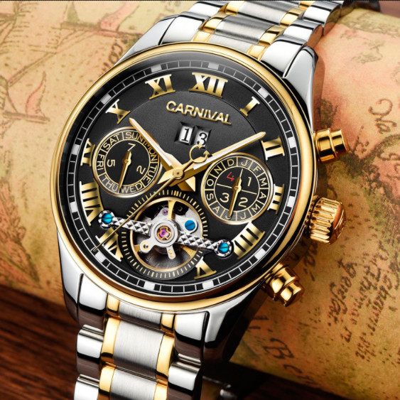 Годинник чоловічий механічний Carnival Sapppfire Silver Leather Deluxe (2 ремінці) Київ - фото 5