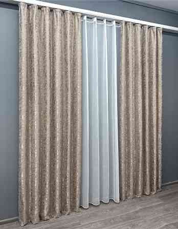 Комплект штор VR-Textil Лен Мрамор 150х270 2шт и Тюль 400х270 1717ш-1276т Серо-бежевый с белым 71-013/3 Киев