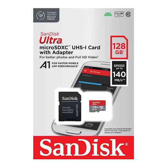 Карта пам'яті microSDXC (UHS-1) SanDisk Ultra 128Gb class 10 A1 (140Mb/s) (adapter SD) Київ
