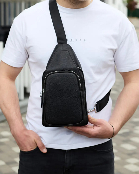 Мужская кожаная сумка слинг через плечо из натуральной кожи черная TIDING BAG Киев - изображение 6