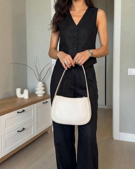 Женский стильный летний костюм двойка лён Черный, 46/48 Одесса - изображение 2