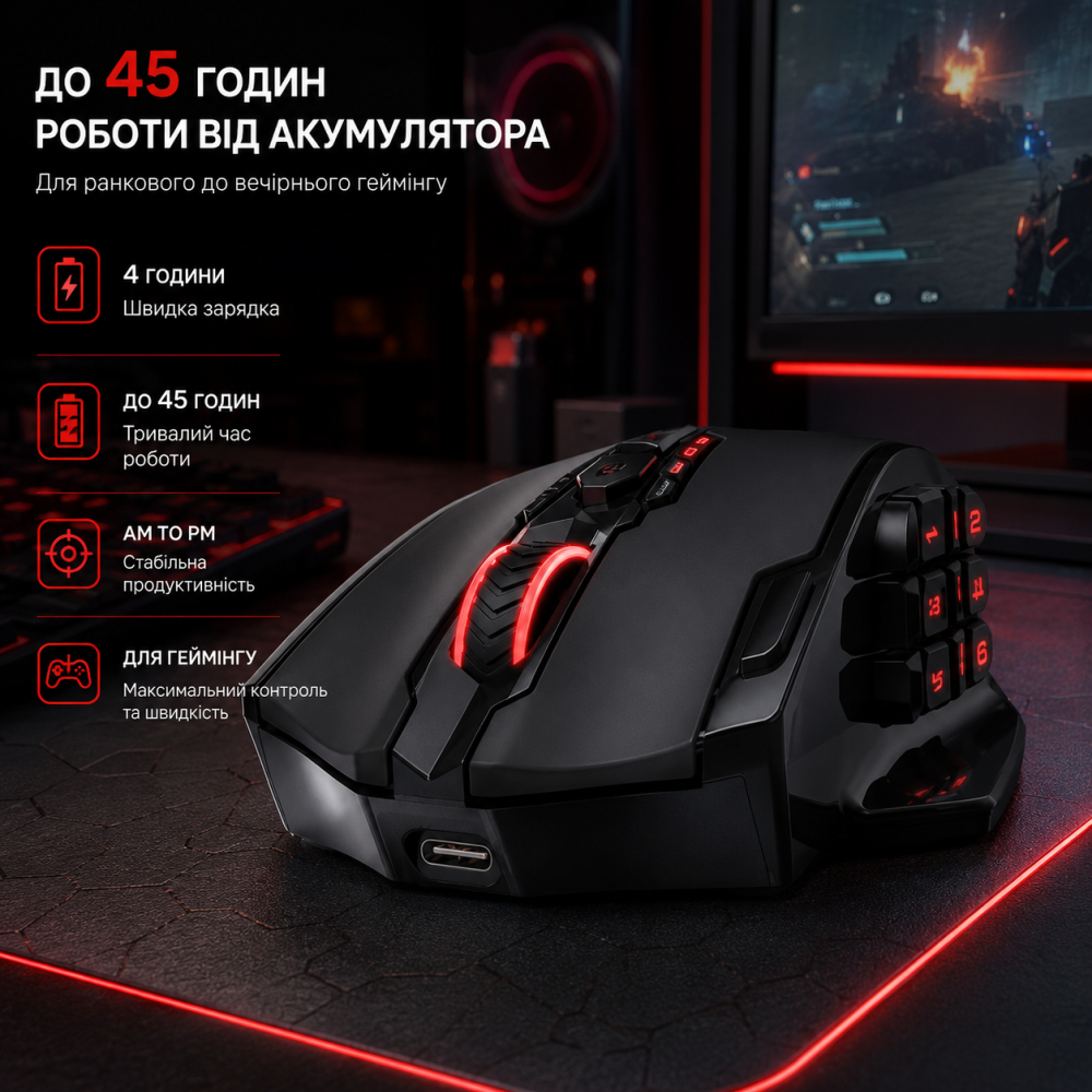 Игровая мышь Redragon Impact Elite Black беспроводная Bluetooth/2.4 ГГц/USB, 16000 DPI, программируемые кнопки, оптический сенсор Киев - изображение 3