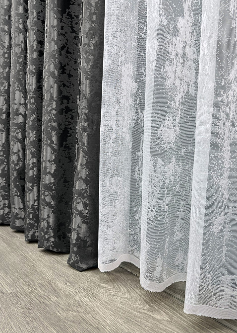 Комплект штор VR-Textil Льон Мармур 150х270 2шт і Тюль 500х270 1267ш-1400т Сіро-коричневий з білим 71-140/4 Київ - фото 8