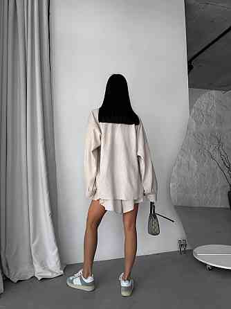 Женский летний прогулочный оверсайз костюм двойка: рубашка и шорты лен Беж Одесса