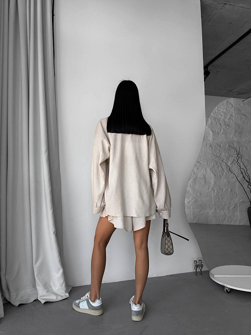 Женский летний прогулочный оверсайз костюм двойка: рубашка и шорты лен Беж Одесса - изображение 5