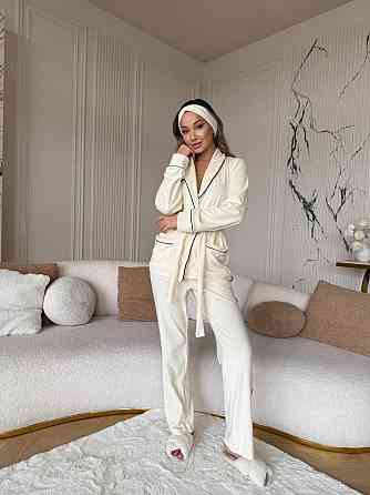 Жіноча затишна піжама: халат-кімоно, штани + пов'язка на голову велюр Молочний, 46/48 Одеса