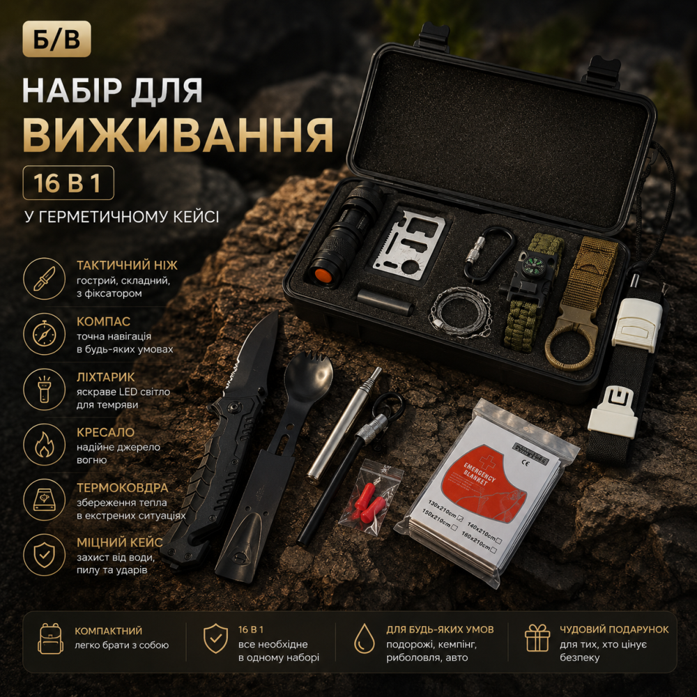 Б/у Набір для виживання 16 в 1 у герметичному кейсі | Тактичний ніж, компас, термоковдра, ліхтарик, кресало, пила, браслет із пара Київ - фото 8