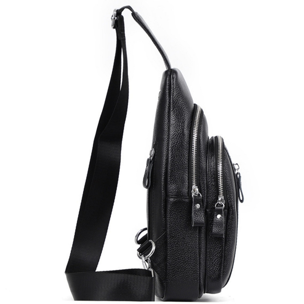 Сумка-слинг мужская на одно плечо 18х32х7, нагрудной рюкзак из натуральной кожи 74521 черный Каменское - изображение 7