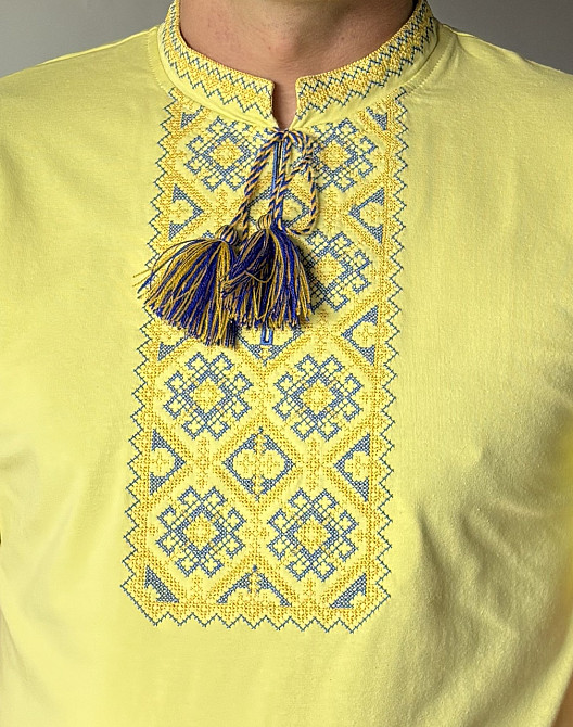 Чоловіча Футболка вишиванка світло жовтого кольору в патріотичних кольорах Київ - фото 2