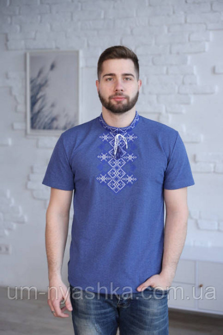 Мужская вышиванка с коротким рукавом Бажан джинс Кривой Рог - изображение 1