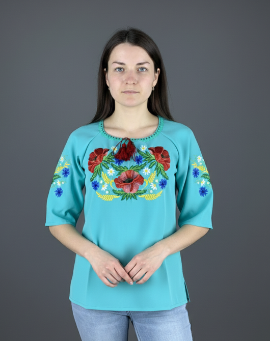 Вишита блуза з квітковим орнаментом МАКИ вишита гладдю Київ - фото 3