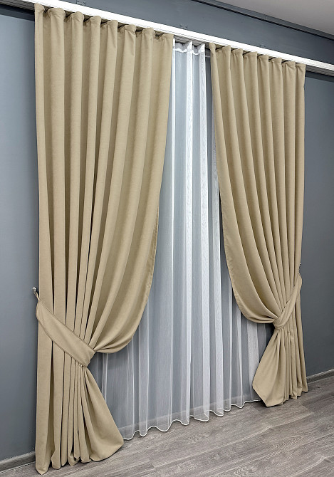 Комплект штор VR-Textil Микровелюр SPARTA 150х270 2шт и Тюль 600х270 1192ш-1153т Бежевый с белым 71-121/5 Киев - изображение 2