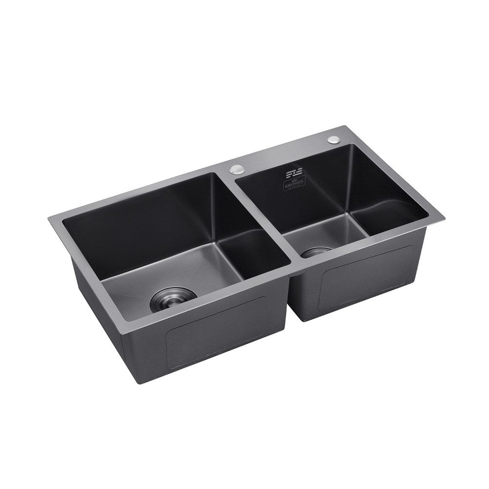 Кухонная мойка на 2 чаши Kroner KRP Schwarze - 7843ZHM PVD (3/1мм) черная Киев - изображение 3