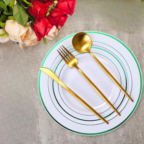 Набор тарелок пластиковых круглые 12 шт, десертные 19 см и обеденные 26 см,белые с зелёном контуром Каменец-Подольский