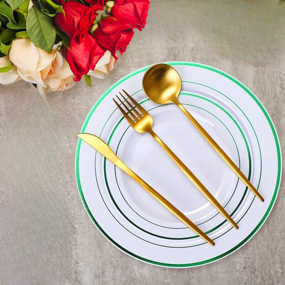 Набор тарелок пластиковых круглые 12 шт, десертные 19 см и обеденные 26 см,белые с зелёном контуром Каменец-Подольский - изображение 4