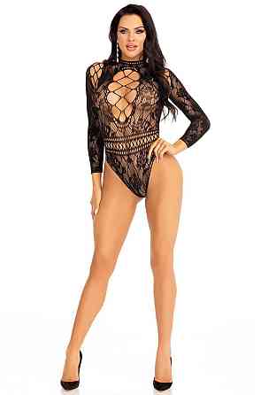 Боді Leg Avenue High neck lace bodysuit, One Size, чорне, довгий рукав, стрінги, квітковий малюнок Sex Aura Київ