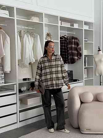 Женская оверсайз рубашка в клетку на пуговицах турецкая фланель-байка 100% хлопок Оливка Одесса