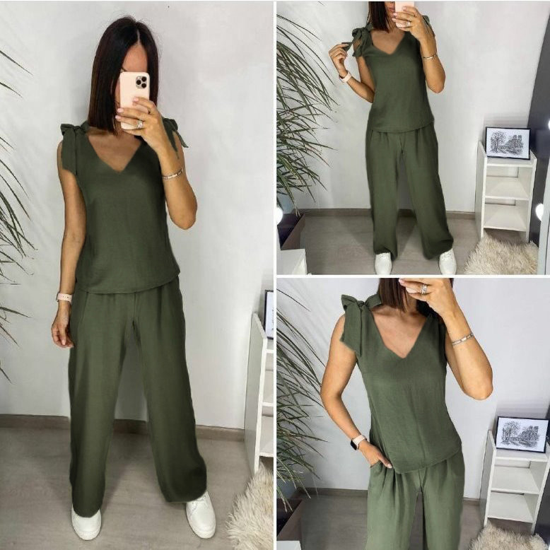 Літній жіночий костюм із широкими штанами "Ясмин" оптом | Норма та батал | Розпродаж моделі Хакі, 50 Київ - фото 6