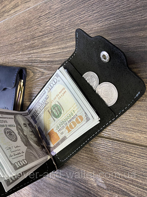 Гаманець затискач для грошей на кнопці із вінтажної шкіри чорного кольору Grande Pelle Київ - фото 7