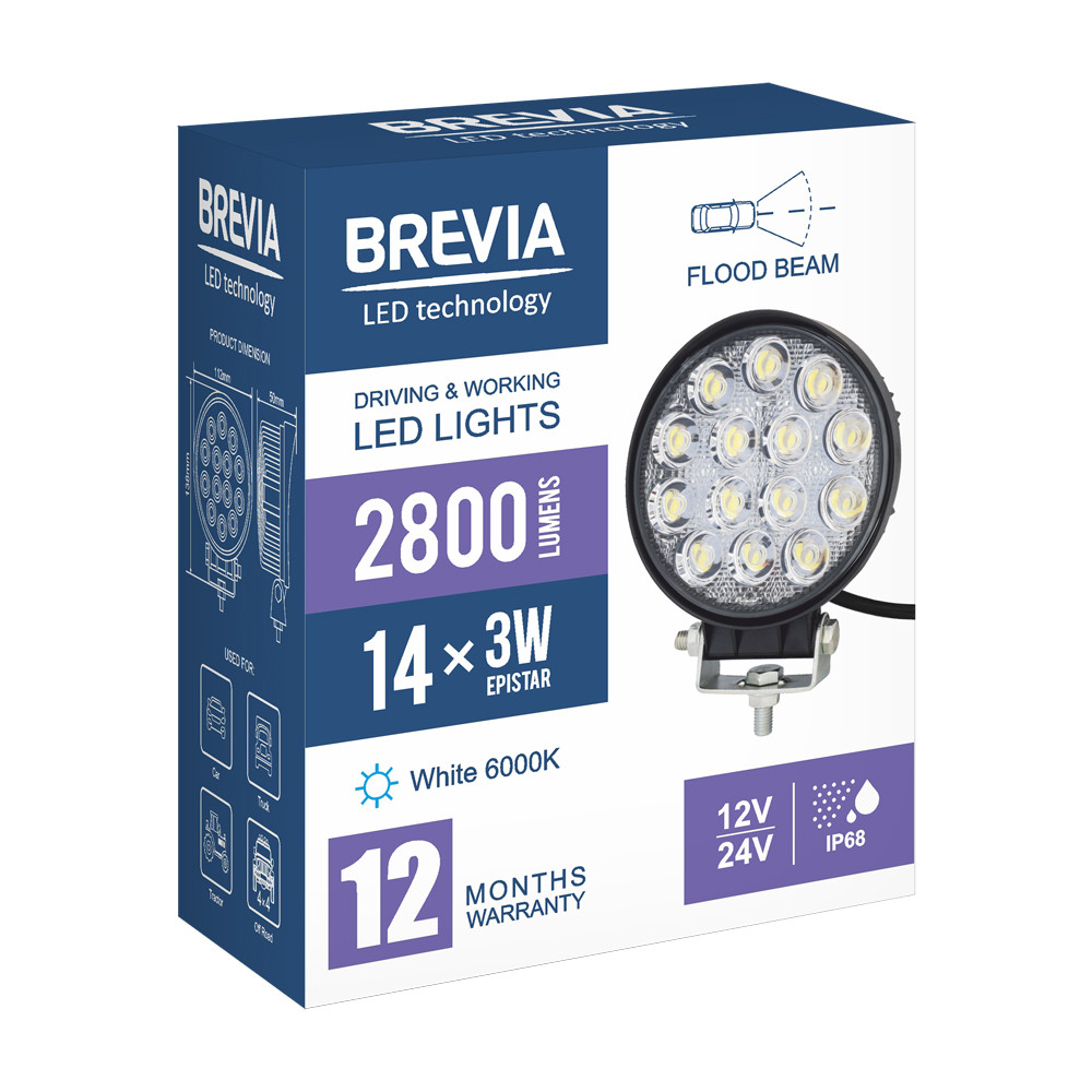 Фара светодиодная Brevia Epistar white Flood 10-30V, 42W (14x3W), 2800Lm, 1шт Львов - изображение 7