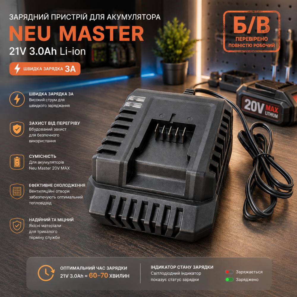 Зарядний пристрій для акумулятора Neu Master 21V 3.0Ah Li-ion 3A, швидка зарядка, для Neu Master 20V MAX, англійська вилка  Б/В Київ - фото 8