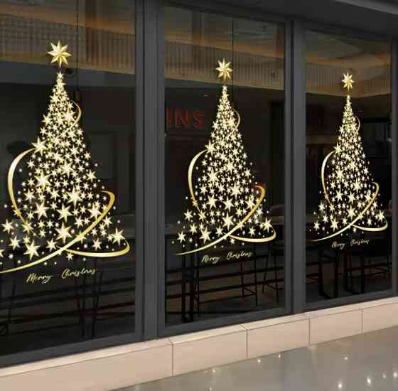 Наклейка новорічна на вікна Ялинка картина на 2-х листах розмірами 30на60см, силікон золотий Київ