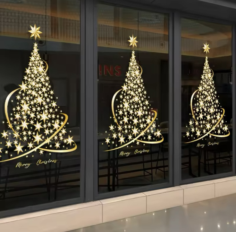 Наклейка новорічна на вікна Ялинка картина на 2-х листах розмірами 30на60см, силікон золотий Київ - фото 3