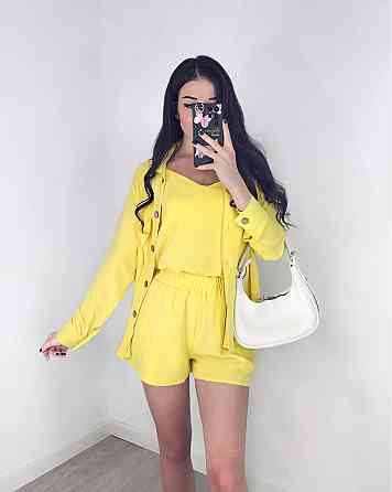 Жіночий легкий костюм-трійка: сорочка, майка та шорти креп жатка Лимонний, 42/44 Одеса