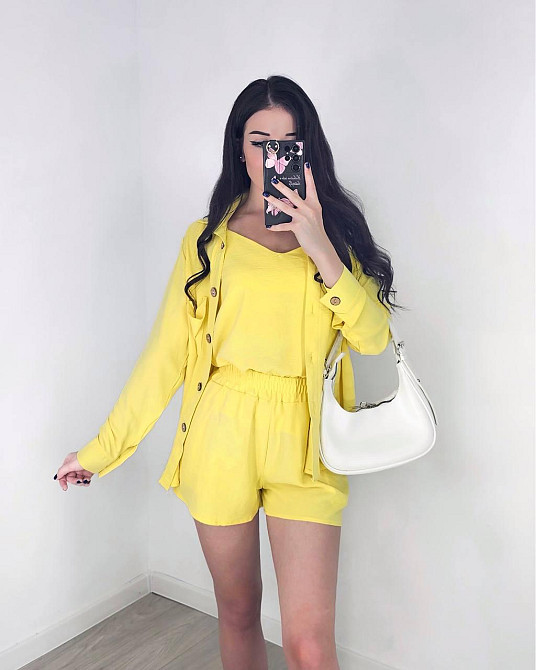 Жіночий легкий костюм-трійка: сорочка, майка та шорти креп жатка Лимонний, 42/44 Одеса - фото 3