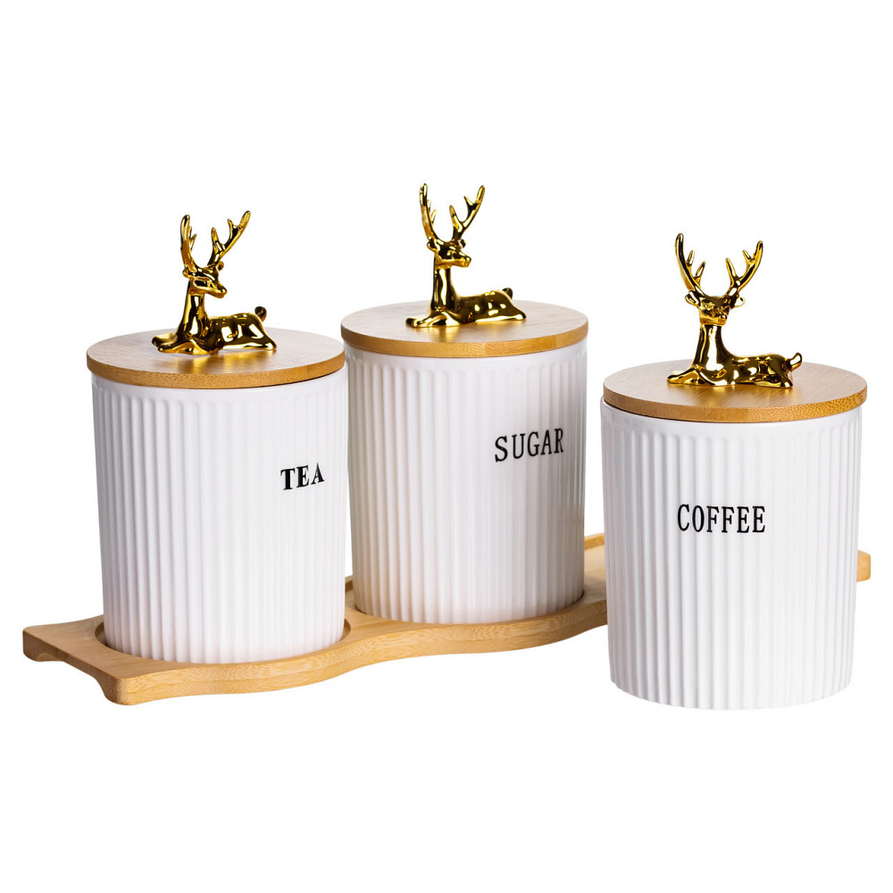 Набір порцелянових банок для сипучіх на бамбуковій підставці 3 шт. по 400 мл для чаю кави цукру SCT-652 Київ - фото 6