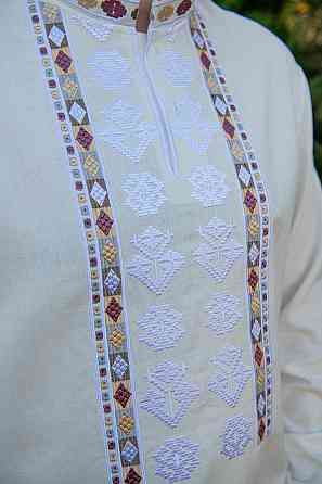 Вишиванка чоловіча, лляна, з довгим рукавом, молочна, лен - , топ Київ