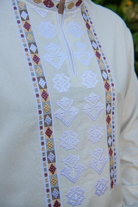 Вишиванка чоловіча, лляна, з довгим рукавом, молочна, лен - , топ Київ - фото 3