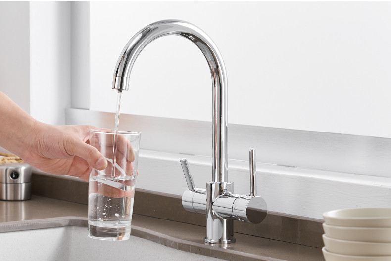 Змішувач для раковини на кухню двоважільний з краном для фільтрованої води WanFan вертикальний монтаж Нікель Кам'янець-Подільський - фото 3