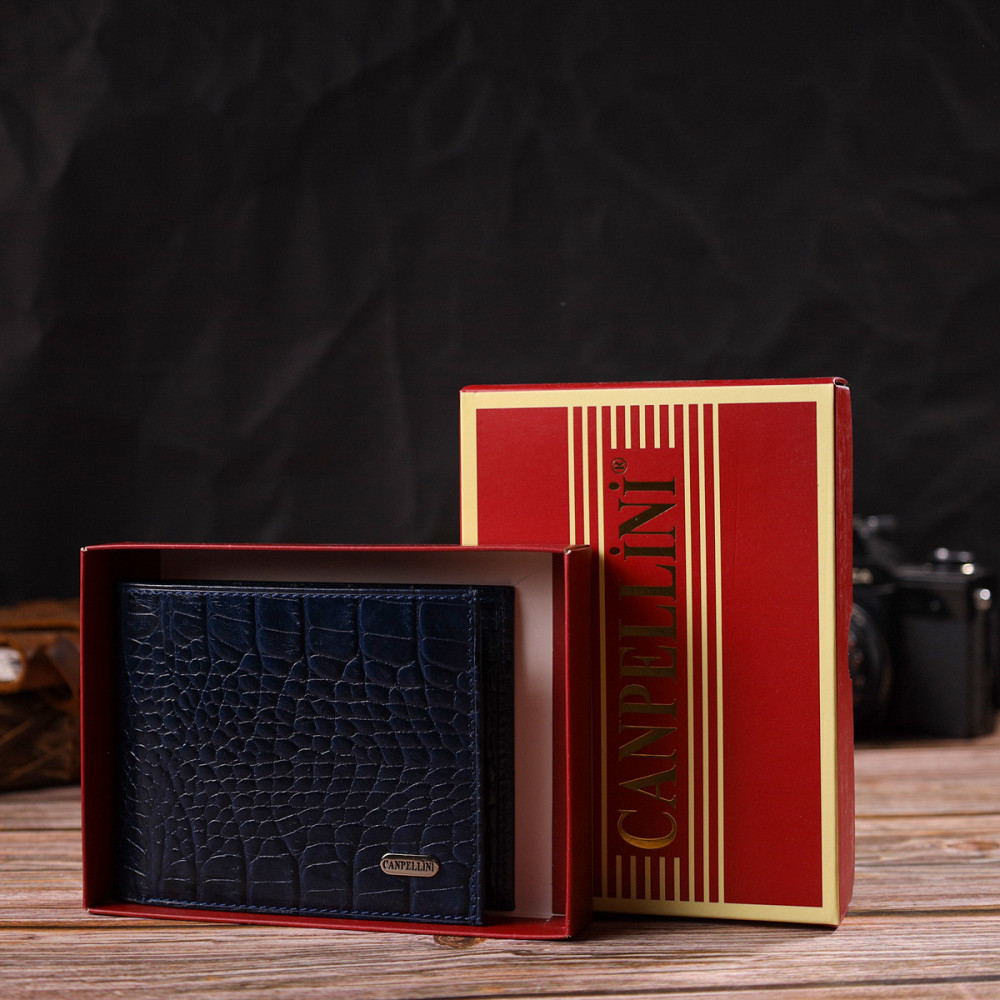 Гарний гаманець для чоловіків з натуральної шкіри з тисненням під крокодила CANPELLINI 21924 Синій Київ - фото 1